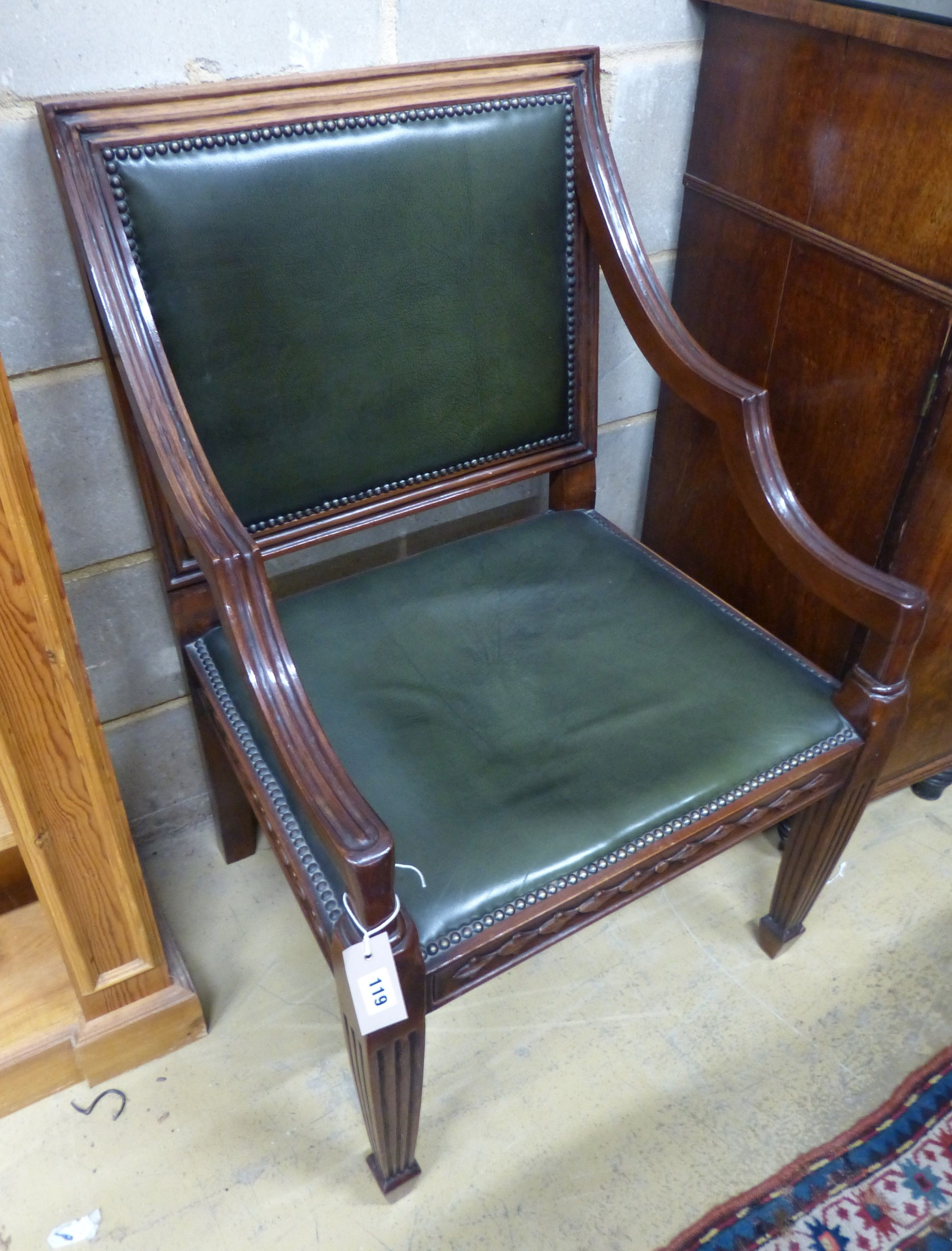 A George III style mahogany desk chair, W.57cm D.58cm H.92cm